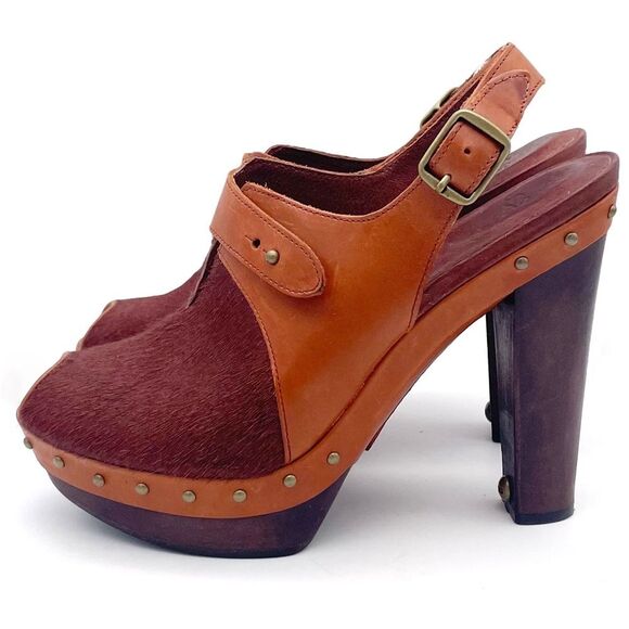 UGG Nicco Leather Calf Hair Platform Peep Toe Slingback Sandal Brown Size 8.5 - Picture 4 of 16